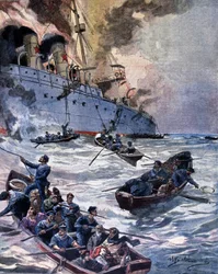 Branden av ångbåten Vittoria i Alicante. Illustration av Beltrame. Kurir söndag. 1899.