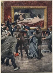 Mary Richardson (1889-1961), kanadensisk suffragettaktivist, skär med en kniv i målningen "Rokeby Venus" av målaren Don Diego Velázquez i ett rum på National Gallery i London. Illustration av Achille Beltrame för "La domenica del corriere". 191