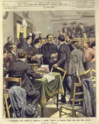 Maxim Gorkij ankomst till ryska revolutionärers möte i London den 26 maj