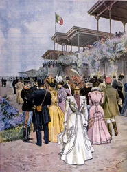Milano: hästkapplöpning på San Siro kapplöpningsbana: utdelning av handelspriset (Premio del commercio). Illustration av Beltrame. Domenica del corriere. 1899.