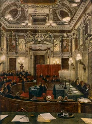 Milanos nya stadsfullmäktige i session, av Achille Beltrame (1871-1945), från La Domenica del Corriere