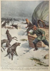 Vargflockar attackerar besättningen på en grundstött rysk luftballong, illustration från "La Corriere della Sera".
