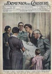 Presentation av prins Vittorio Emanuele, spädbarn, för suveränerna, till vänster drottningmodern till belgarna Elisabeth de Baviere (1876-1965), till höger Victor-Emmanuel (Victor Emmanuel) (Vittorio Emanuele) III av Savojen, och i bakgrunden Fathe