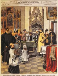 Offentlig underskriftsframställning mot skilsmässa i sakristi, av Achille Beltrame, illustration, illustratör Achille Beltrame (1871-1945), från La Domenica del Corriere, 9 februari 1902