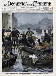 Räddning av sjuka i Paris under översvämningarna i februari 1910. Omslag till "" domenica del corriere""".13 februari 1910 illustration av Achille Beltrame