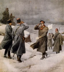 Återupptagande av kriget, turkisk parlamentsledamot anländer till bulgariskt läger med ett meddelande om vapenstilleståndets slut, av Achille Beltrame (1871-1945), illustration från La Domenica del Corriere, 9 februari.