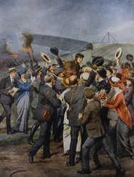 Återvänd till Turin av flygaren Perrylon, efter att ha flugit på en enda dag till Rom, Italien, illustration av Achille Beltrame från La Domenica del Corriere, 15 juni