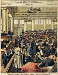Ryska konstitutionen: parlamentets första möte i St Petersburg, av Achille Beltrame (1871-1945), från La Domenica del Corriere, 20 maj 1906