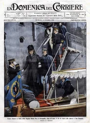 Victor Emmanuel III (Victor-Emmanuel) (Vittorio Emanuele) tog emot den i San Rossore, Toscana. Illustration av Beltrame. Domenica i Corriere. 1910-11-06.