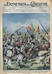 Addis Abeba, Etiopien - Ras Hailou - Stora polisinsatser Parad för att hedra hertigen (Benito Mussolini) och kungen av Etiopien. Illustration av Achille Beltrame i "The Domenica of the Corridor"" 10/01/1