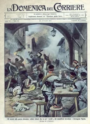 Andra Balkankriget (1913) mellan Bulgarien och Grekland och Turkiet: Bulgariska soldater satte eld och förstör Nigrita i Grekland. La Domenica del Corriere. 07/1913. Illustration av Beltrame.