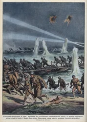 Andra kinesisk-japanska kriget (1937-1945): "Den japanska armén korsar Hutofloden nära Pingshang, under kinesisk bombning." Illustration av Achille Beltrame från "La domenica del corriere"" av 17/10/1937.