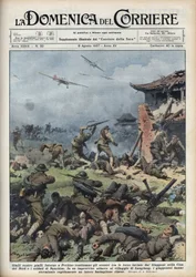 Andra kinesisk-japanska kriget (1937-1945): sammandrabbningar mellan japanska och kinesiska vapen nära Pekin, japanerna utrotar snabbt en hel kinesisk bataljon. Illustration av Achille Beltrame från "La domenica del corriere"" av 1937-08-08.