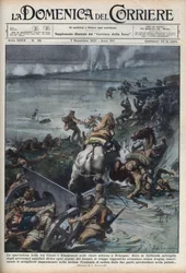 Andra kinesisk-japanska kriget (1937-1945): sammandrabbningar i risfält nära Shanghai. Illustration av Achille Beltrame från "La domenica del corriere"" av 1937-11-07.