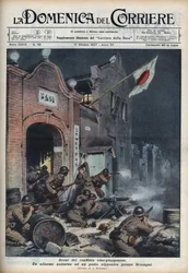 Andra kinesisk-japanska kriget (1937-1945): sammandrabbningar nära Shanghai. Illustration av Achille Beltrame från "La Domenica del Corriere" "av 17/10/1937.