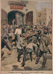 Allvarlig arbetsbrist i Apulien, ugnar som stormas av Cerignolas arbetslösa, av Achille Beltrame, illustration, Illustratör Achille Beltrame (1871-1945), från La Domenica del Corriere, 20 december 1908