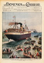 Fartyg som transporterar italienska trupper till Östafrika som korsar Suezkanalen, illustration från La Domenica del Corriere, 20 oktober