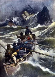 Skeppsbrott nära Piombino i Italien. "" La Domenica del Corriere "", illustration av Beltrame. 1910