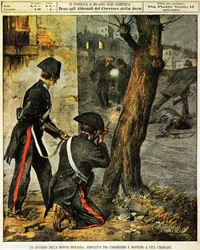 Siciliansk maffiahändelse, Strid mellan carabinieri och maffiagangsters i Trapani, av Achille Beltrame, illustration, illustratör Achille Beltrame (1871-1945), från La Domenica del Corriere, 31 december 1899