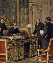 Undertecknande av fransk-italiensk skiljedomskonvention i Paris, av Achille Beltrame, illustration, illustratör Achille Beltrame (1871-1945), från La Domenica del Corriere