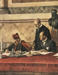 Undertecknande av Lateranfördraget mellan kardinal P. Gasparri och B. Mussolini