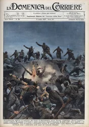 Spanska inbördeskriget: En division av italienska frivilliga flyr från den spanska republikanska armén i Merida-regionen, Spanien. Illustration av Achille Beltrame i "La domenica del Corriere"" av 1937-07-11.