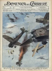 Spanska inbördeskriget: Luftstrider mellan republikanska och nationalistiska flygplan över det krigshärjade Spanien. Illustration av Achille Beltrame i "La domenica del Corriere" den 20/06/1937.