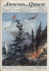 Spanska inbördeskriget: Två plan från den republikanska regeringen i Valencia bombade den tyska kryssaren Deutschland för att förhindra vapenhandel till Spanien. Illustration av Achille Beltrame i "La domenica del Corriere"" av 1937-06-13.