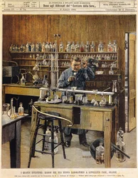 Den amerikanske uppfinnaren Thomas Ava Edison (1847-1931) i sitt nya laboratorium i Lewellein Park, Illustration av Achille Beltrame (1871-1945), La Domenica del Corriere