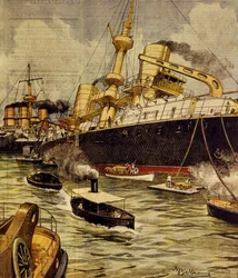 Slagskeppet Andrea Doria gick på grund nära Gallipoli, av Achille Beltrame (1871-1945), från La Domenica del Corriere