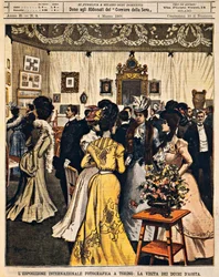 Hertigarna av Aosta besöker den internationella fotoutställningen i Turin, av Achille Beltrame (1871-1945), ur La Domenica del Corriere, 4 mars 1900