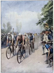 Den italienska cykelturen med Guerra och Binda - teckning av A. Beltrame, i "La Domenica del Corriere"" den 1 februari