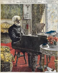 Den italienske kompositören Giuseppe Verdi i sitt arbetsrum, tallrik av Achille Beltrame (1871-1945), La Domenica del Corriere, 8 oktober