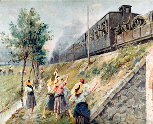 Passagen av den italienska militärtågmålningen av Achille Beltrame (1871-1945) Milano, Museet för samtida historia