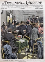 Maxim Gorkis ankomst till mötesrummet på kongressen i London efter revolutionen 1905 i Ryssland. Omslag till La Domenica del Corriere från 1907-05-26.