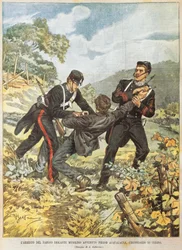 Den berömda briganden Musolino arresteras nära Acqualagna i distriktet Urbino, av Achille Beltrame (1871-1945), från La Domenica del Corriere, 27 oktober 1901