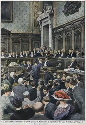 Den stora rättegången: den stora rättegången i Paris mot Madame Caillaux, som mördade direktören för Le Figaro. ”La Domenica del Corriere”, 22 till 29 november 1914.