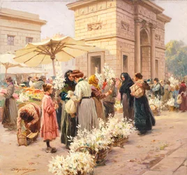 Liljemarknaden vid Porta Garibaldi i Milano, av Achille Beltrame (1871-1945), från La Domenica del Corriere, Italien 1900-talet
