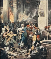 Maskrerna på armenier i Turkiet 1909 i Adana, illustration av Achilles Beltrame (1871-1945) i "La Domenica del Corriere"" i maj 1909