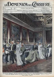Kungaparet, Viktor Emanuel III (Victor-Emmanuel) (Vittorio Emanuele III) (1869-1947) och hans hustru Helena av Montenegro, följda av prins Umberto II och Marie José (Marie-José av Belgien, Maria José av Savojen), beger sig till Cappella Paolina