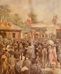 Mässa i Milano, av Achille Beltrame, illustration, illustratör Achille Beltrame (1871-1945), från La Domenica del Corriere, 24 april 1921