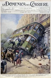Spårvagnsolycka i Glasgow, Skottland: en av bilarna spillde över på en porslinsmonter och på förbipasserande - teckning av A. Beltrame, i "La Domenica del Corriere"" den 1 februari 1931.