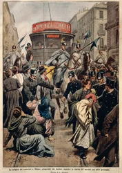 Spårvagnsstrejk i Milano, av Achille Beltrame, illustration, illustratör Achille Beltrame (1871-1945), från La Domenica del Corriere