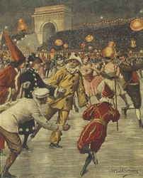 Typisk kostymfest på is på Aren i Milano, av Achille Beltrame, illustration, Illustratör Achille Beltrame (1871-1945), från La Domenica del Corriere