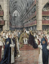 Förenade kungariket (1901). Kröningen av Edvard VII i Westminster Abbey. Illustration av Achille Beltrame publicerad i Domenica del Corriere. Gravyr.