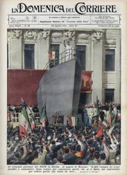 Besök av hertigen Benito Mussolini i Messina under en resa till Sicilien. Illustration av Achille Beltrame från "La domenica del corriere"" av 1937-08-22.