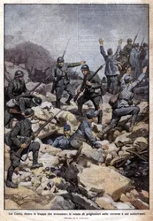 Första världskriget: Italiensk front på Carsoplatån (Trentino) och fångar i tunnelbanan. "Domenica del Corriere". 07/1917 (litografi)