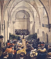 ceremoni i Perosi Music Hall i Milano, av Achille Beltrame (1871-1945), omslagsillustration från La Domenica del Corriere, 6 maj 1900.