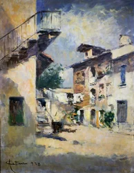 Interiör av rustik innergård, av Achille Cattaneo (1872-1931). Italien, 1900-talet.