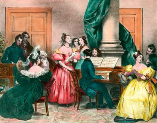 En musikalisk eftermiddag i familjen Gravyr av Achille Deveria (1800-1857) Gravyr från 1800-talet. Privat samling